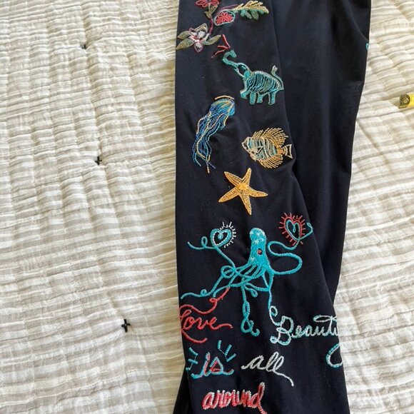 Johnny Was Zoe Embroidered Sea Creatures Black Leggings L - Picture 4 of 8
